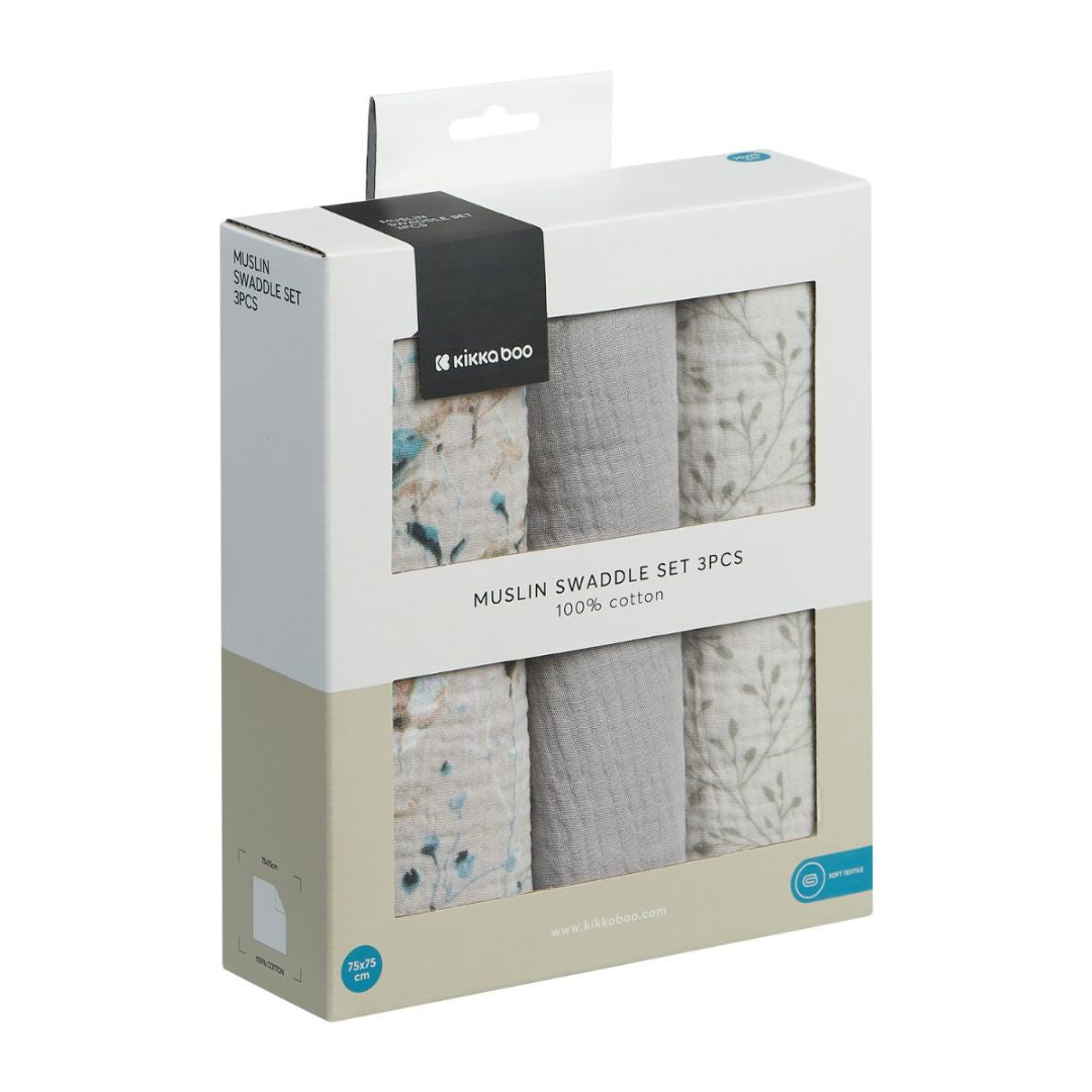 KikkaBoo® Tetra pleničke iz muslina 3 kosi 75x75 cm Dreamy Fields Grey KikkaBoo