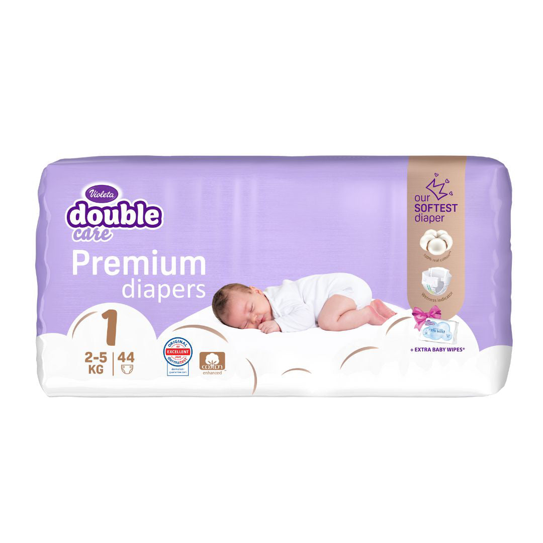 Violeta® Plenice Double Care Cotton Touch 1 Newborn (2-5 kg) 44 kosov + Vlažilni robčki Water Care Violeta