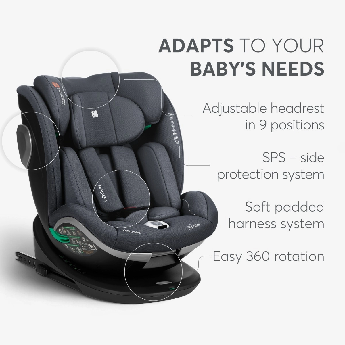 KikkaBoo® Otroški avtosedež 360° i-Drive i-SIZE (40-150 cm) Dark Grey KikkaBoo