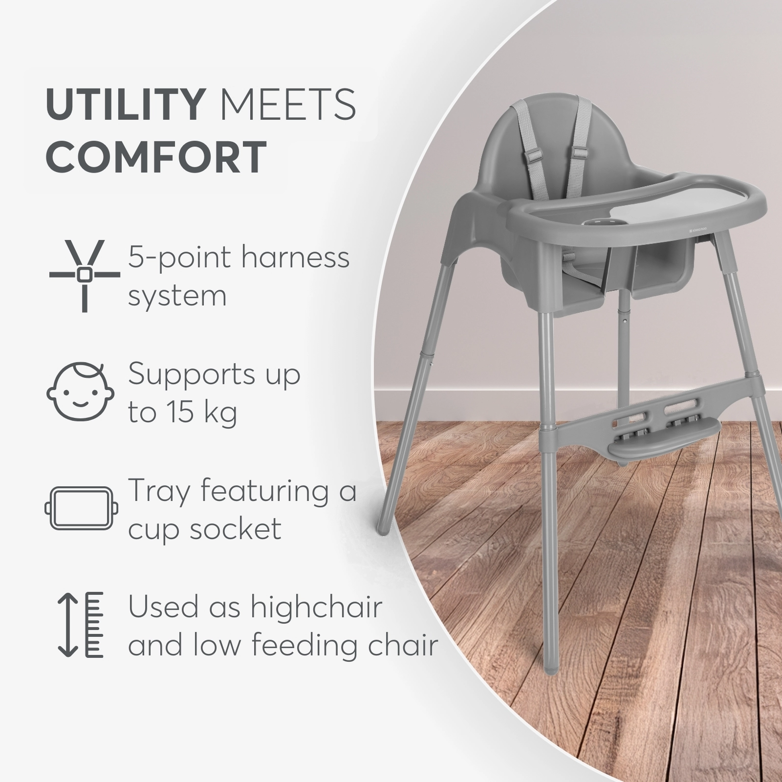 KikkaBoo® Otroški stol za hranjenje 2v1 Jammy Grey KikkaBoo