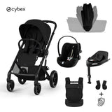 Cybex® Poussette avec nacelle pliable 4-en-1 Balios S Lux + Porte-bébé Amya + Siège auto Cloud G3 + Base IsoFix G3 Moon Black (+ Housse de pluie)