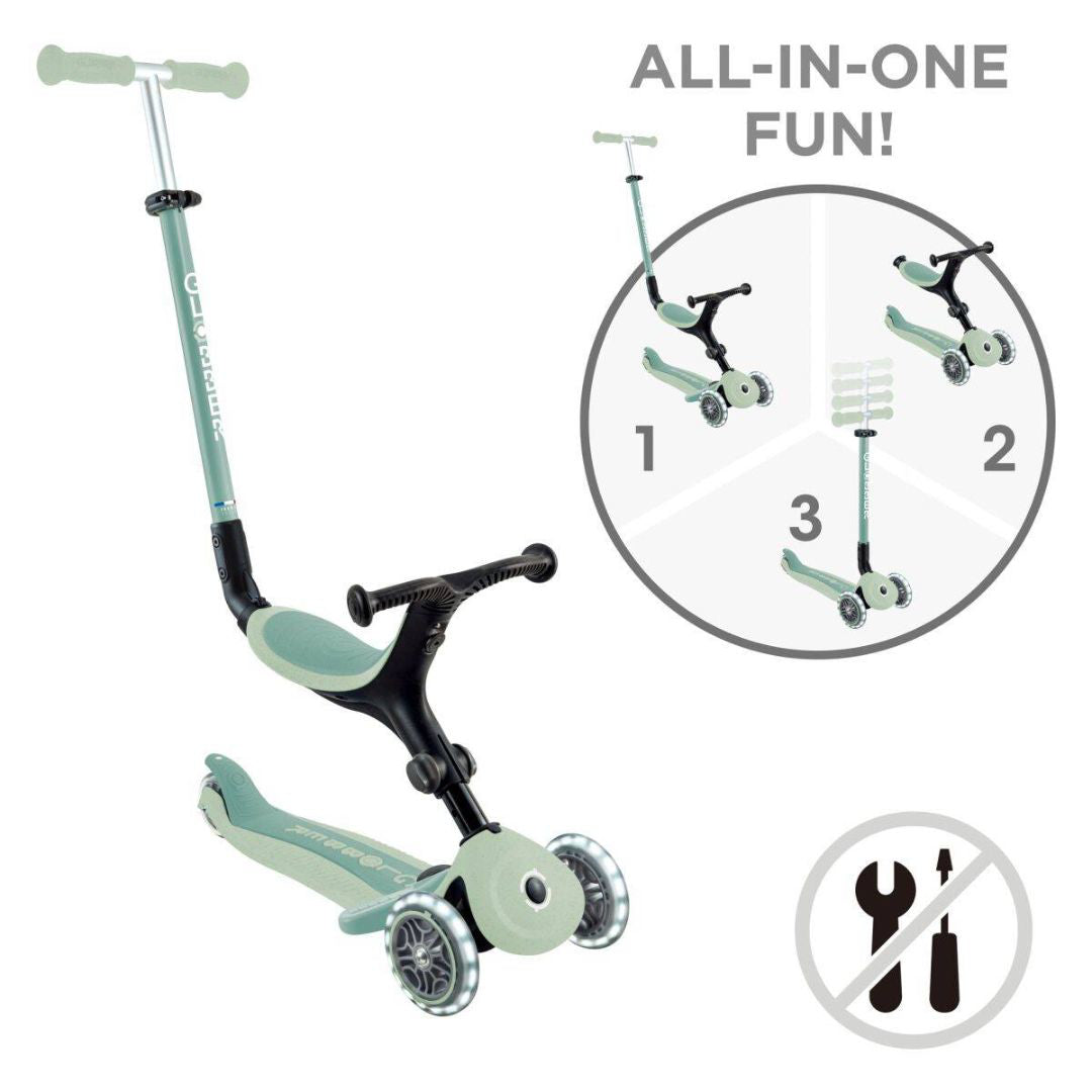 Globber® Zložljivi otroški skiro GO UP Active ECO s svetlečimi kolesi Pistachio Globber