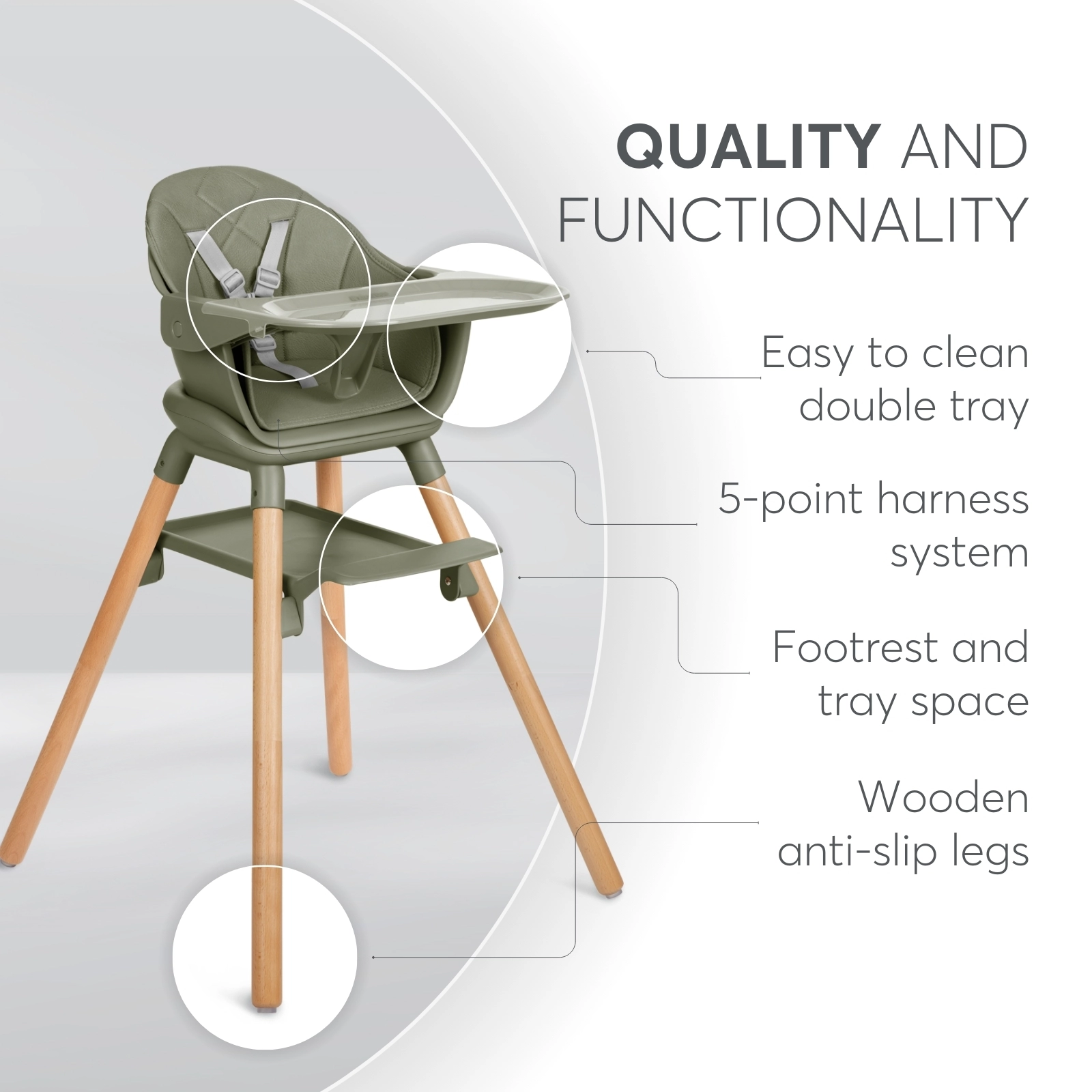 KikkaBoo® Otroški stol za hranjenje 2v1 Woody Army Green KikkaBoo