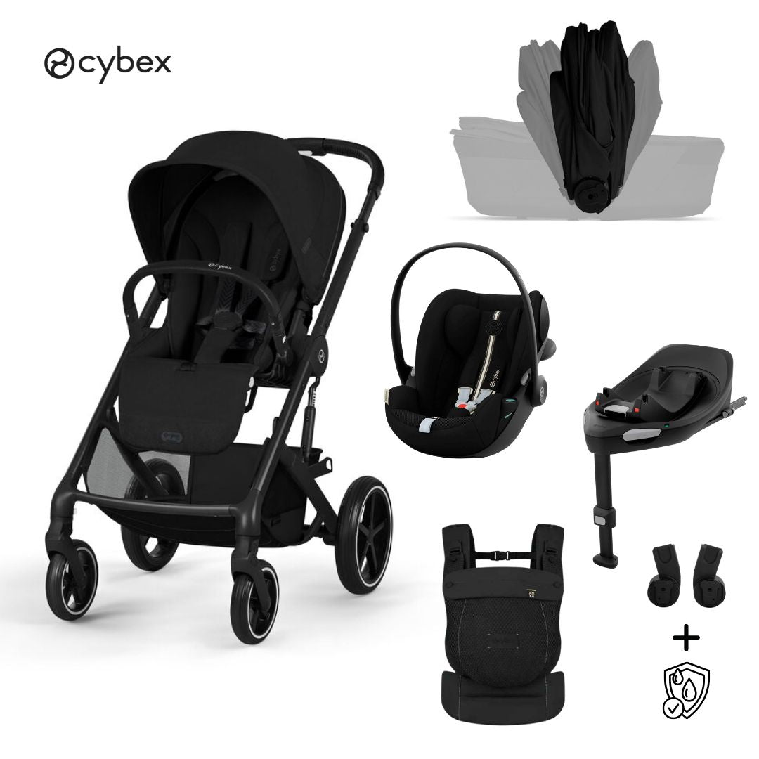 Cybex® Poussette avec nacelle pliable 4-en-1 Balios S Lux + Porte-bébé Amya + Siège auto Cloud G3 + Base IsoFix G3 Moon Black (+ Housse de pluie)