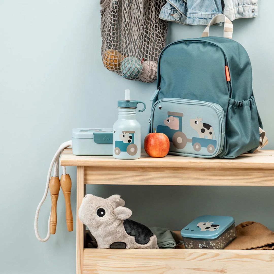 Done by Deer® Kovinska steklenička s slamico Tiny farm Blue 350 ml Done by Deer