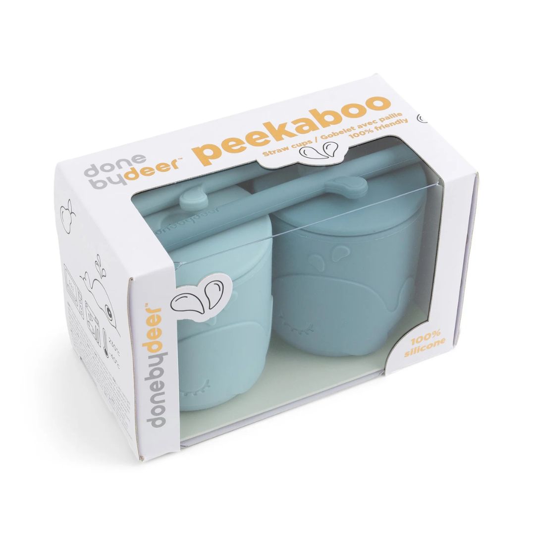 Done by Deer® Bicchiere in silicone con cannuccia Peekaboo Wally Blue 2 pezzi