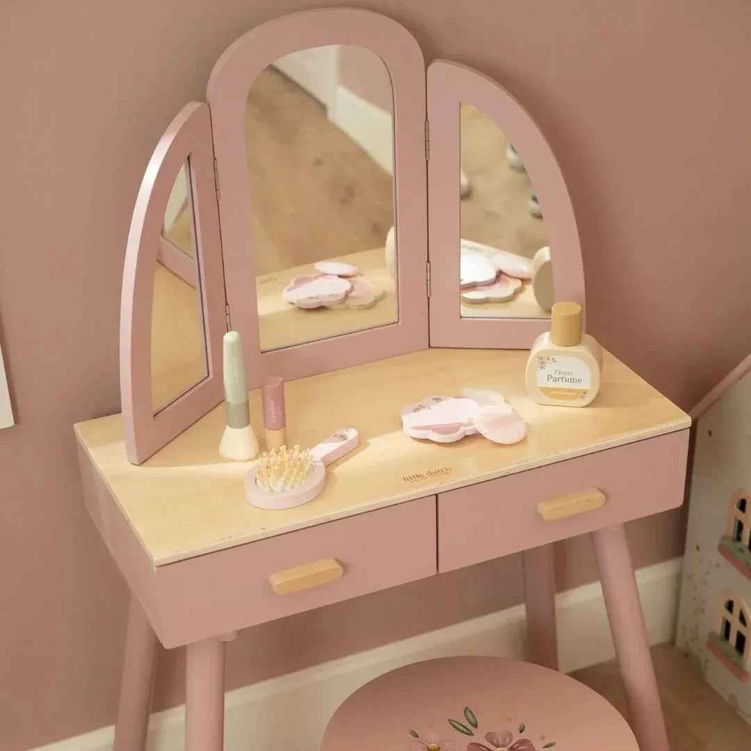 childrens pink dressing table Kids Tri Folding Mirror Makeup Dressing Vanity Table Set-Pink