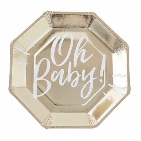 Ginger Ray® Gold foiled Baby shower paper plates Oh Baby!